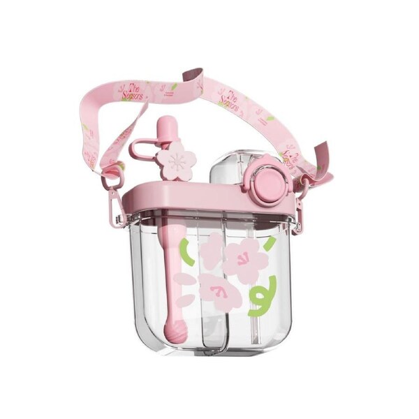Face Dual Divided Sections Bottle BPA-free With Straw 580ml - Sakura Pink