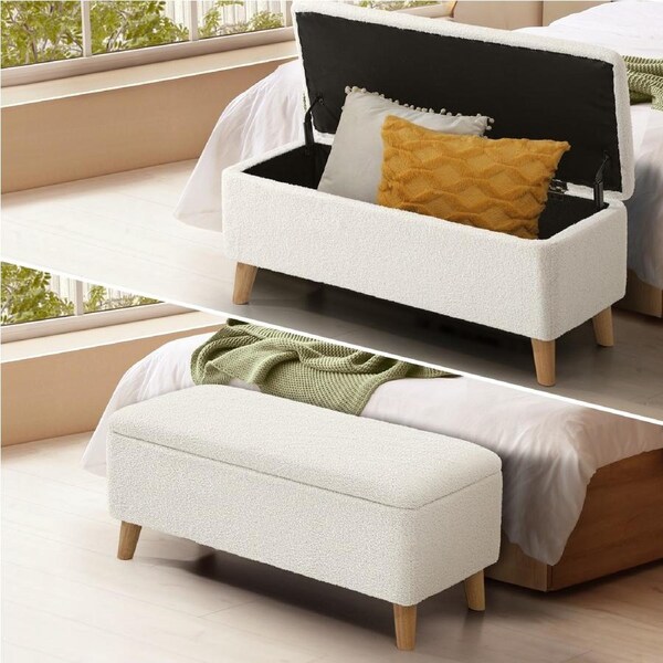 Oikiture Storage Ottoman Blanket Box Chest Toy Foot Stool LARGE Sherpa White