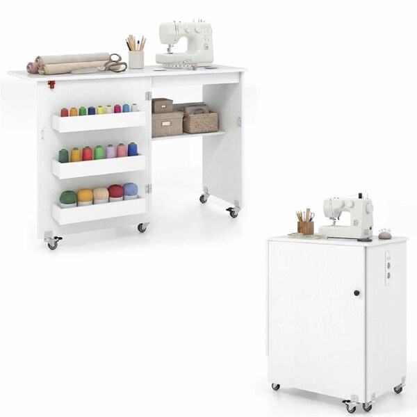 Costway Folding Sewing Table Mobile Craft Cart Storage Cabinet Work Station Desk w/Lockable Casters White