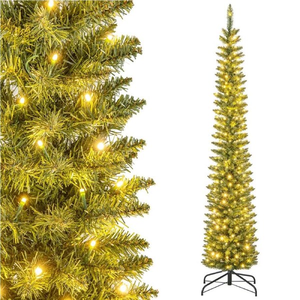 Costway 2.1M Artificial Christmas Tree Pre-lit Pencil Tree Xmas Decor w/499 Tips Home Office Party