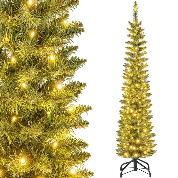 Costway 1.5M Artificial Christmas Tree Pre-lit Pencil Tree Xmas Decor w/296 Tips Home Office Party