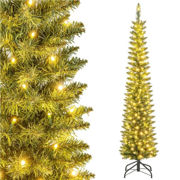 Costway 1.8M Artificial Christmas Tree Pre-lit Pencil Tree Xmas Decor w/390 Tips Home Office Party