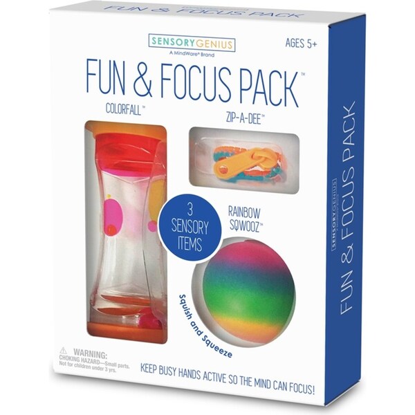 3PK Mindware Sensory Fun & Focus Colourfall/Zip-a-Dee/Squeeze Ball Kids 5y+