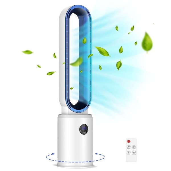 YOPOWER Bladeless Tower Fan Air purification Fan with 24-Speed Wind, 12H Timer, Remote Control Blue