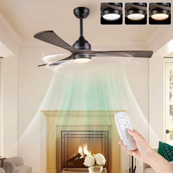 ACA 52" Ceiling Fan LED Light Remote Control 3 Wooden Blades Timer Black