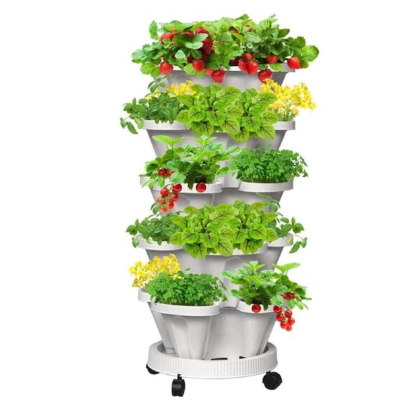 5 Tier Stackable Planter Pots Vertical Garden Stacking Space Saving High Yield Ideal for Herbs Flower Plants Veggies With Wheel White 37cm Width