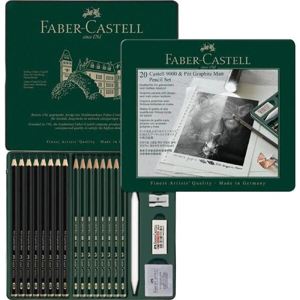 Faber-Castell Set Pitt Graphite Matt Pencils, Eraser, Sharpener & Castell 9000 Tin of 20