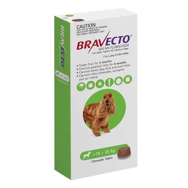 Bravecto Flea And Tick Chew For Medium Dogs 10kg-20kg Green