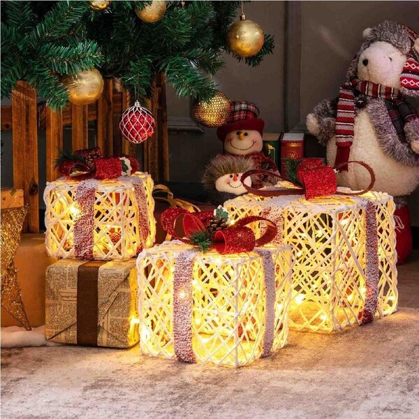 Costway 3PCS Christmas Lighted Gift Boxes Red Bowknots Present Xmas Ornament w/60 LED Porch Yard