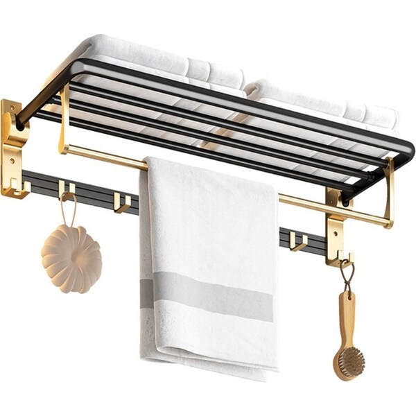 SOGA 63cm Wall-Mounted Double Pole Towel Holder Bathroom Organiser Rail Hanger with Hooks