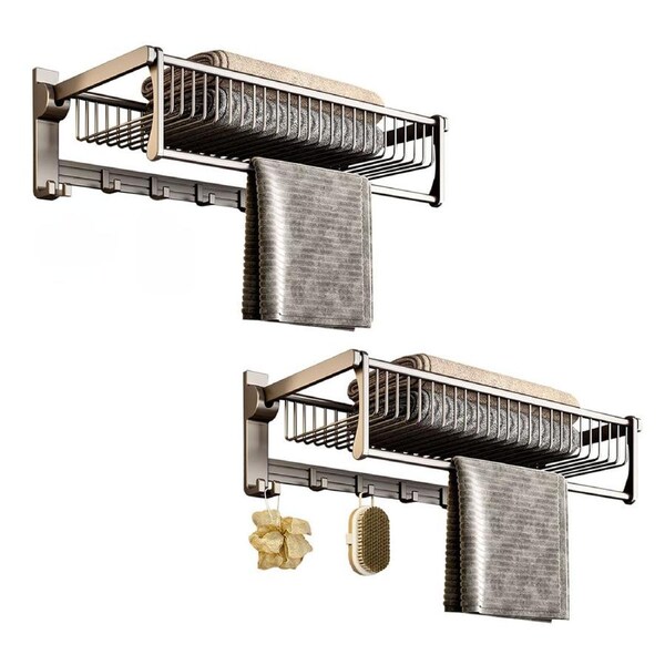 SOGA 2X 50cm Wall-Mounted Double Pole Towel Holder Bathroom Organiser Rail Hanger with Hooks