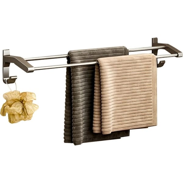 SOGA 62cm Gray Wall-Mounted Double Pole Towel Holder Bathroom Organiser Rail Hanger with Hooks