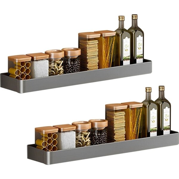 SOGA 2X 32cm Black Wall-Mounted Rectangular Kitchen Spice Storage Organiser Space Saving Condiments Shelf Rack