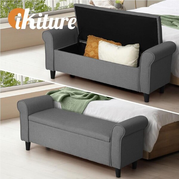 Oikiture Storage Ottoman Blanket Box Linen Fabric Arm Foot Stool Couch Large