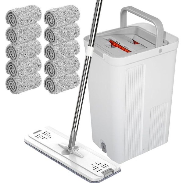 Flat D Set Mop and Bucket Wringer Set with Stainless-Steel Handle 10 Washable and Reusable Microfiber Pads for Hardwood Laminate Floors Tile