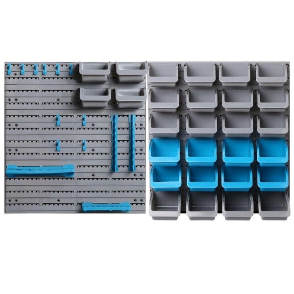 Wall Mounted Tool Storage Rack Set Peg Board Garage Shed Organiser 28 Bins Bolts