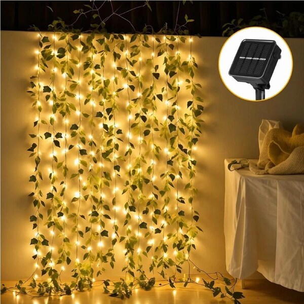 10m Solar Ivy Vine Lights 100 LED Fairy String Bedroom Outdoor Garden Fence Decor Wall Curtain Fake Plant Tree Leaf Garland Hanging Lamps