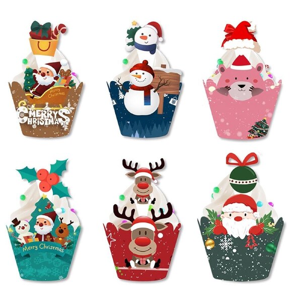 48Pcs Christmas Cupcake Toppers Cupcake Wrappers Cake Topper Bakeware Decoration
