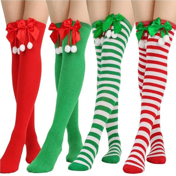 4 Pairs Women Over Knee Socks Christmas Thigh High Stockings Knee High Socks