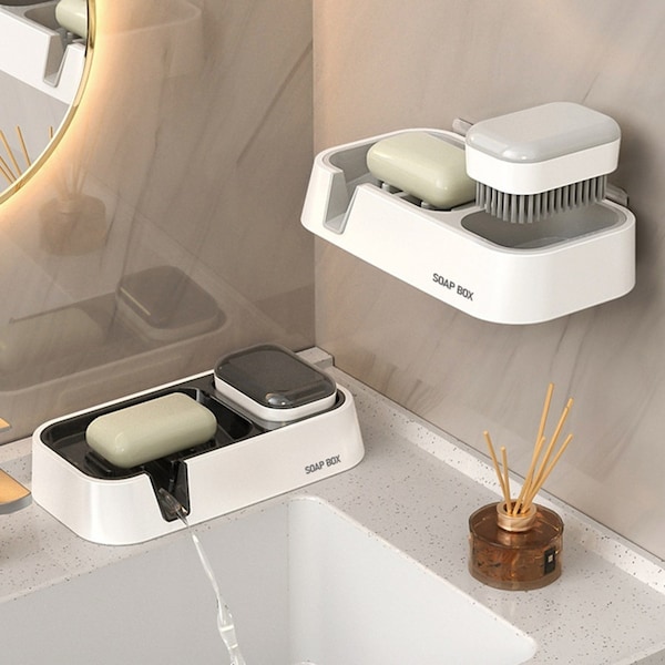 2Pcs Draining Soap Box Household Cleaning Brush Wall-Mounted Soap Holder