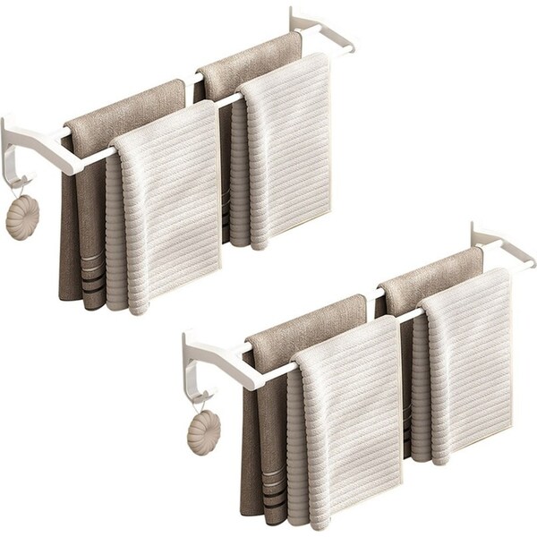 SOGA 2X 52cm White Wall-Mounted Double Pole Towel Holder Bathroom Organiser Rail Hanger with Hooks