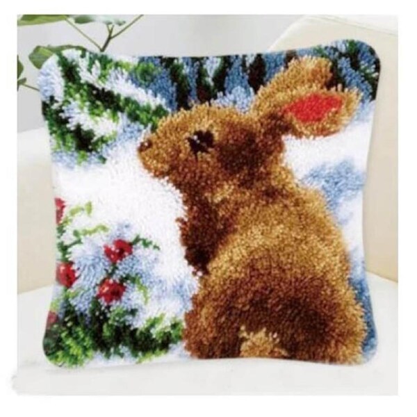 Crafting Kit Latch Hook Sitting Bunny Cushion with Canvas Hook and Threads