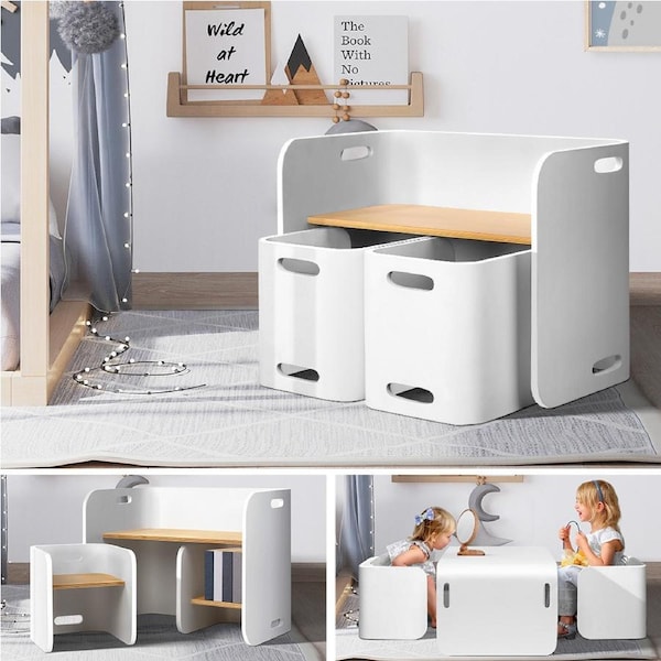 3PC Kids Table and Chairs Set Toys Play Desk Children Shelf Storage White