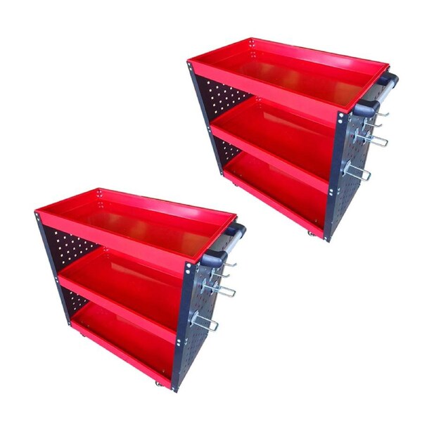 SOGA 2X 3 Tier Tool Storage Cart Portable Service Utility Heavy Duty Mobile Trolley with Hooks Red