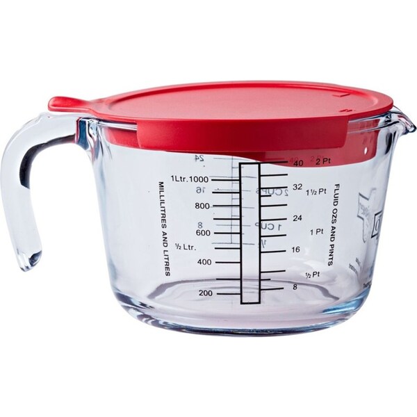 Cuisine Glass 1L Measuring Jug Baking/Cooking Beaker Cup w/ Red Lid/Handle Clear