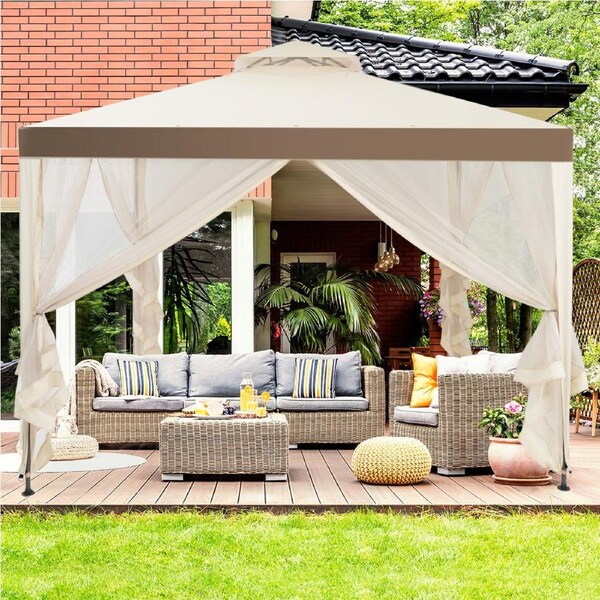Costway 3X3M Outdoor Canopy Gazebo Folding Patio Canopy Tent House Party Gazebo w/Mosquito Netting Backyard Garden Beige