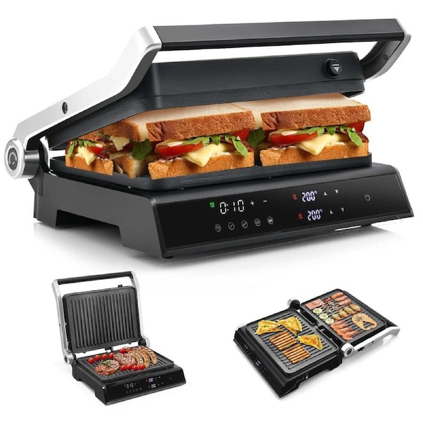 Costway 3in1 2000W Contact Grill Electric Panini Press Grill Sandwich Maker w/180-degree Opening Design/Nonstick Grill Plates/LED Display/4H Timer Black