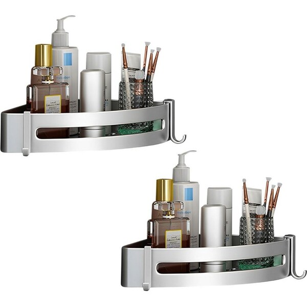 SOGA 2X Silver Wall-Mounted Triangular Bathroom Storage Corner Vanity Organiser Space Saving Adhesive Shelf Rack with Hooks
