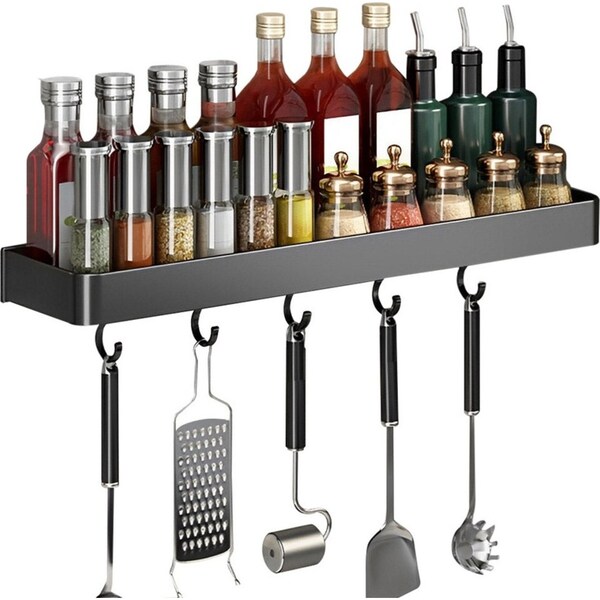 SOGA 30cm Black Wall-Mounted Rectangular Kitchen Spice Storage Organiser Space Saving Condiments Shelf Rack with Hooks