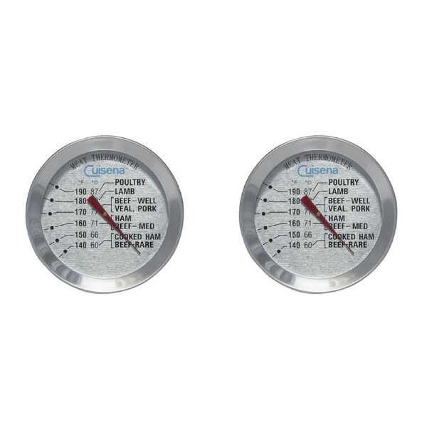 2x Cuisena Round Analogue Stainless Steel Glass Meat Thermometer Cooking Silver