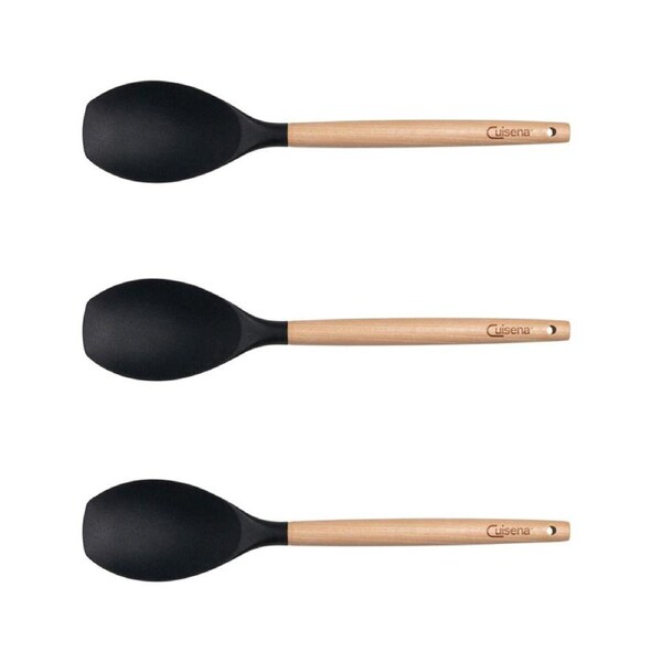 3x Cuisena Beech Wood 32.5cm Silicone Solid Spoonula Kitchen Cooking Utensil BLK