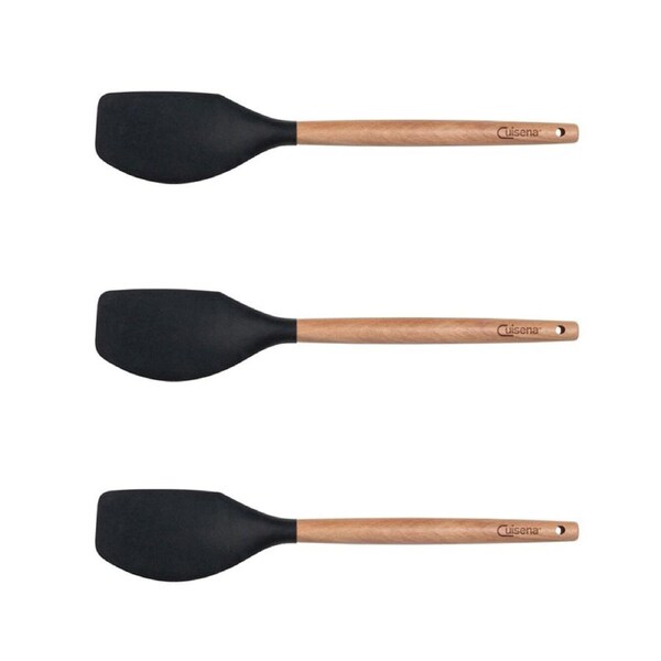 3x Cuisena Beech Wood 32cm Silicone Spatula Kitchen Food Cooking Utensil Black