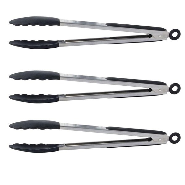 3x Cuisena 31cm Stainless Steel Locking Tong w/ Silicone Head Kitchen Cooking
