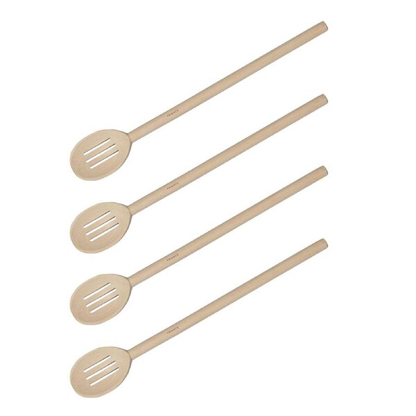 4x Euroline 35cm Wooden Slotted Spoon Kitchen Cooking Stirring Utensil Beige