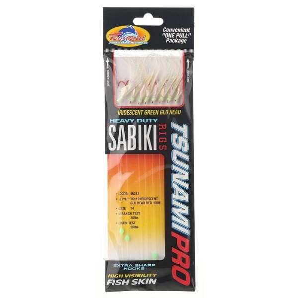Tsunami TS119 Iridescent Glo Head Red Sabiki Live Bait Jig #14