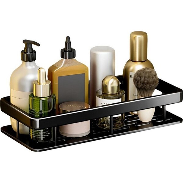 SOGA Black Wall-Mounted Rectangular Bathroom Storage Organiser Space Saving Adhesive Shelf Rack