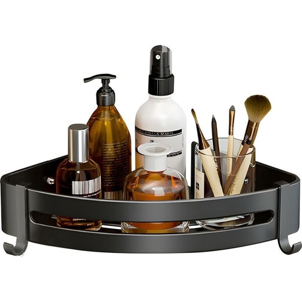 SOGA Black Wall-Mounted Triangular Bathroom Storage Corner Vanity Organiser Space Saving Adhesive Shelf Rack with Hooks
