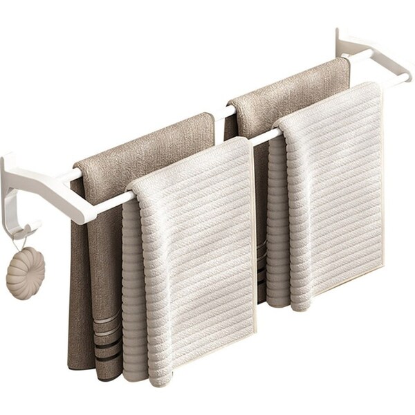 SOGA 52cm White Wall-Mounted Double Pole Towel Holder Bathroom Organiser Rail Hanger with Hooks