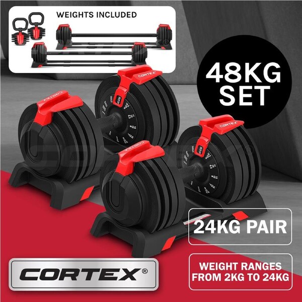 CORTEX Revolock V2 48kg Adjustable Dumbbell + Barbell + Kettlebell All-in-One Set (24kg Pair)