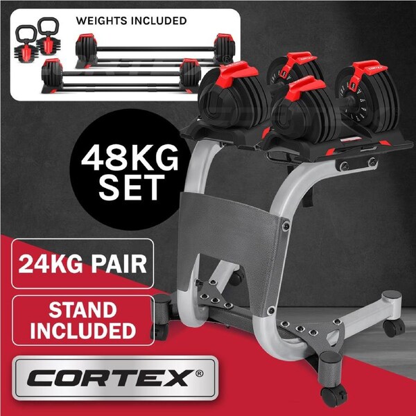 CORTEX Revolock V2 48kg Adjustable Dumbbell + Barbell + Kettlebell All-in-One Set with Stand (24kg Pair)
