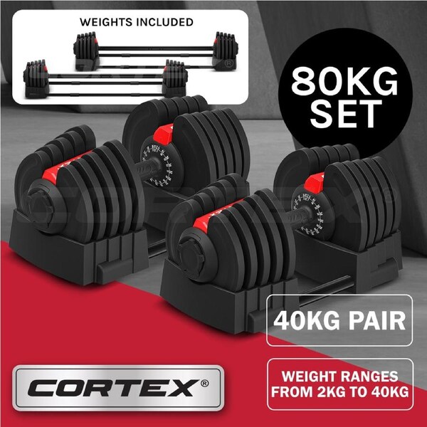 CORTEX Revolock V2 80kg Pair Set Adjustable Steel Dumbbell Barbell All-in-One