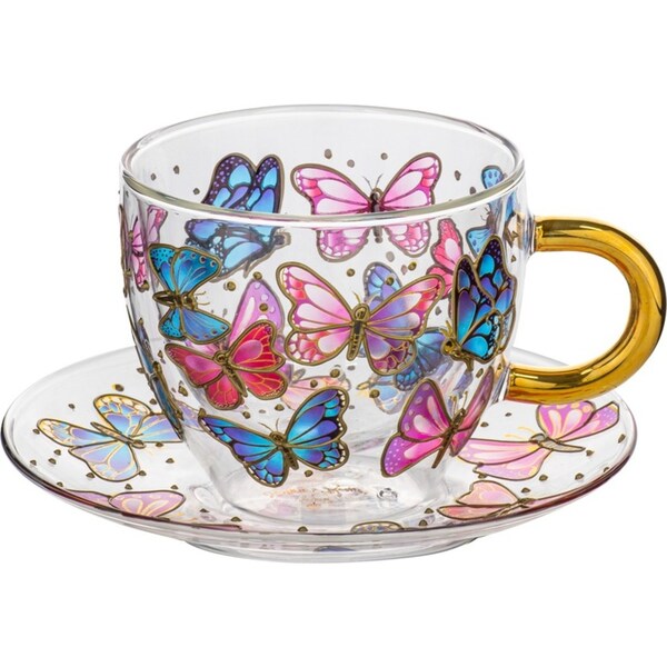 Ashdene Natures Keepers Double Walled 350ml Glass Tea Cup & Saucer Butterfly