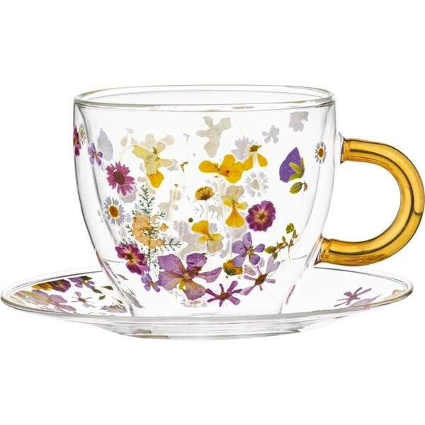 2pc Ashdene Pressed Flowers 350ml Double Walled Glass Tea Cup Mug & Saucer Set
