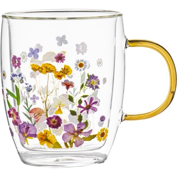 Ashdene Pressed Flowers 350ml Double Walled Glass Mug Coffee Cup w/ Gold Handle