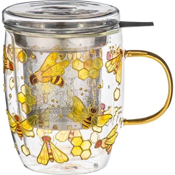 3pc Ashdene Natures Keepers 350ml Double Walled Glass Mug Cup w/ SS Infuser Bee