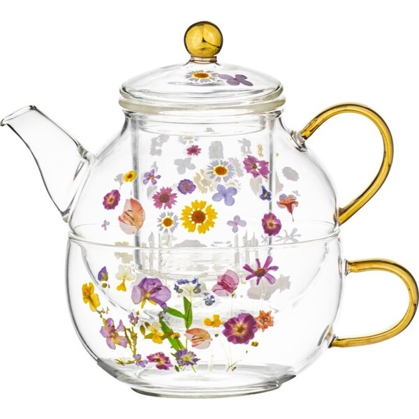 Ashdene Pressed Flowers 450ml Tea For One w/ 225ml Drink Cup New Bone China